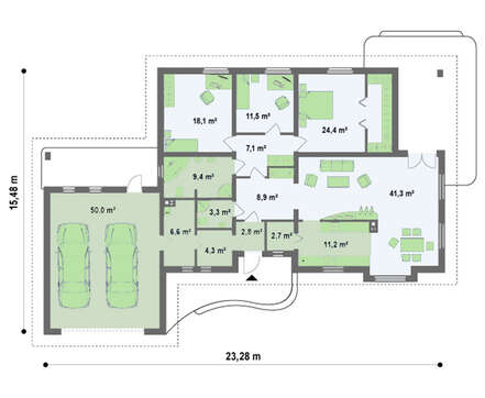 Проект светлого одноэтажного коттеджа с гаражом для двух машин