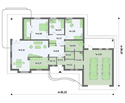 Проект светлого одноэтажного коттеджа с гаражом для двух машин
