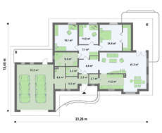 Проект светлого одноэтажного коттеджа с гаражом для двух машин