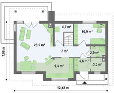 Проект классического коттеджа с большой комнатой на первом этаже