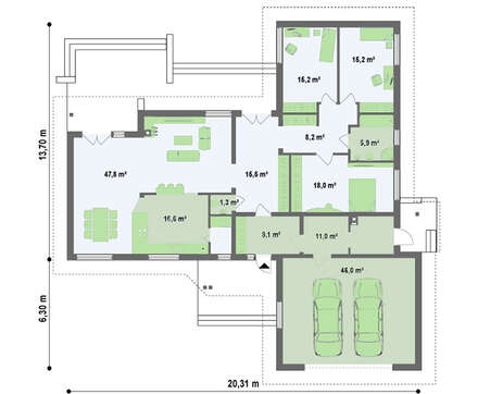 Проект уютного коттеджа с гаражом для двух автомобилей и четырехскатной крышей