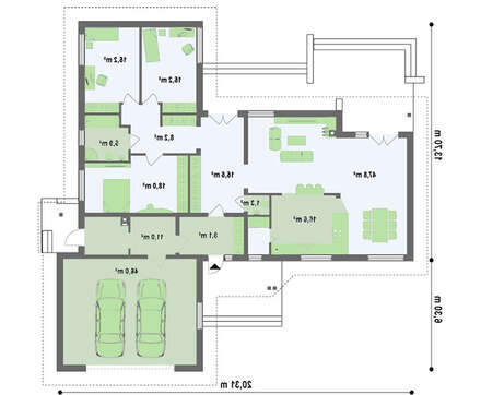 Проект уютного коттеджа с гаражом для двух автомобилей и четырехскатной крышей