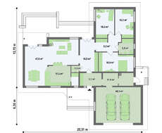 Проект уютного коттеджа с гаражом для двух автомобилей и четырехскатной крышей