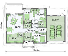 Проект одноэтажного коттеджа с гаражом в классическом стиле