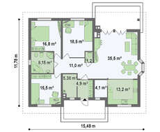 Традиционны одноэтажный проект дома с кирпичным фасадом