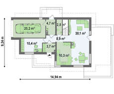 Проект 1,5-этажного дома с балконом над одинарным гаражом