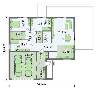 Стильный проект одноэтажного коттеджа с большим гаражом для 2 авто