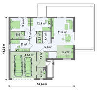 Стильный проект одноэтажного коттеджа с большим гаражом для 2 авто