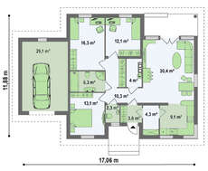 Проект одноэтажного дачного коттеджа с четырехскатной кровлей
