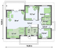 Проект одноэтажного коттеджа классического стиля с четырехскатной кровлей