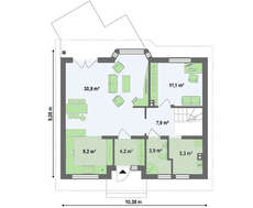 Проект уютного дачного коттеджа с двухскатной кровлей