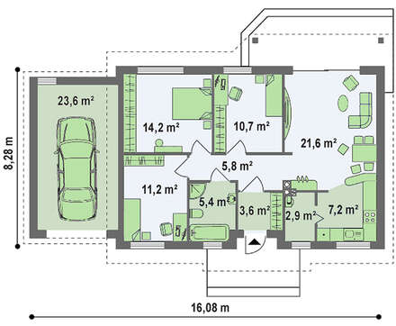 Проект комфортного одноэтажного коттеджа с гаражом и небольшой террасой
