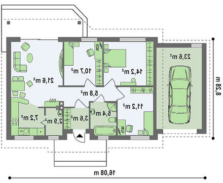 Проект комфортного одноэтажного коттеджа с гаражом и небольшой террасой