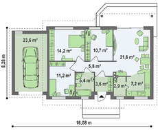Проект комфортного одноэтажного коттеджа с гаражом и небольшой террасой