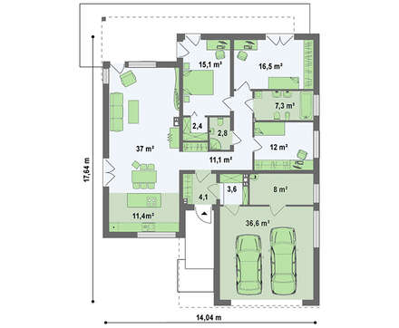 Просторный одноэтажный коттедж в стиле хай-тек с двумя спальнями