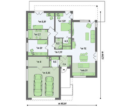 Просторный одноэтажный коттедж в стиле хай-тек с двумя спальнями