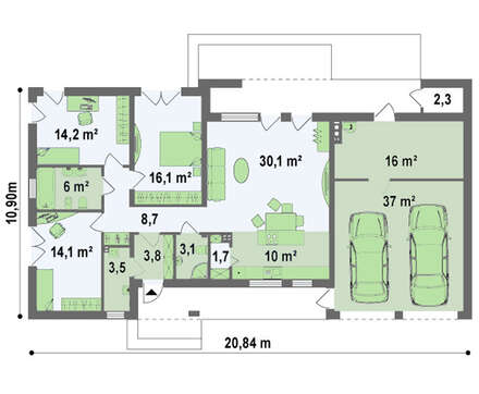 Проект одноэтажного особнячка в стиле хай-тек с гаражом на 2 машины