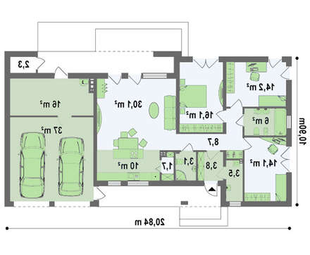 Проект одноэтажного особнячка в стиле хай-тек с гаражом на 2 машины