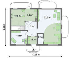 Двухэтажный дом с большими окнами и с двускатной крышей
