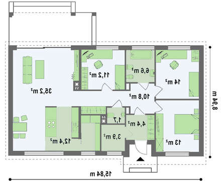 Проект современного одноэтажного коттеджа для узкого участка