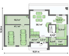 Проект двухэтажного современного дома с большим гаражом и баней