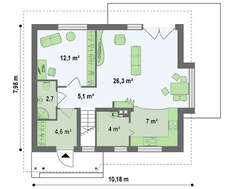 Компактный коттедж с балконом над эркером в столовой