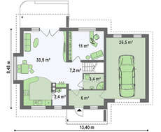 Проект аккуратного загородного 1 этажного дома с мансардой и гаражом для автомобиля