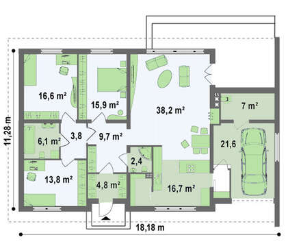 Проект комфортной одноэтажной усадьбы с гаражом