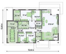 Проект классического практичного одноэтажного коттеджа с мансардой, кирпичным фасадом и гаражом