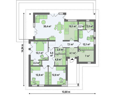 Версия проекта 4M174 без гаража, но с отдельным кабинетом