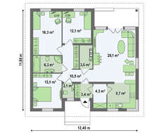 Проект одноэтажного коттеджа по типу 4M250 с кирпичным фасадом