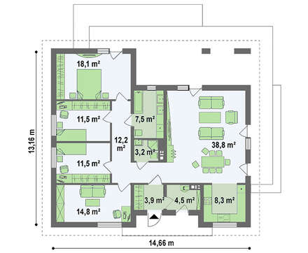 Одноэтажный коттедж с шикарной террасой и четырехскатной кровлей