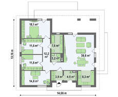 Одноэтажный коттедж с шикарной террасой и четырехскатной кровлей