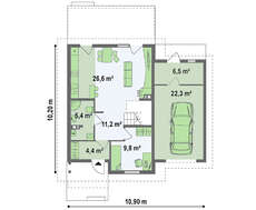 Двухэтажный дачный дом по типу 4M406 с встроенным гаражом для 1-го автомобиля