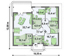Проект одноэтажного дома с колоннами по типу 4M512 без пристроенного гаража