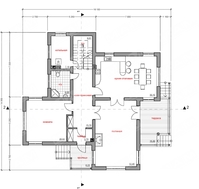 Проект коттеджа в традиционном стиле с гаражом для 1 машины и террасой