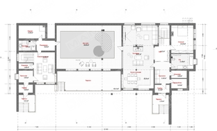 Проект удобного коттеджа с удобной планировкой и бассейном внутри
