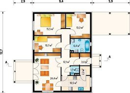 Проект одноэтажного коттеджа с пристроенным навесом для автомобиля