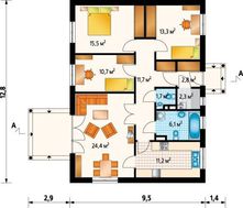 Проект уютного дома до 100 m² с террасой и четырьмя спальнями