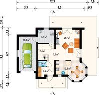 Проект мансардного дома с круглым эркером в кухонной зоне