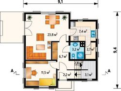 Интересное яркое строение на два этажа, декорированное деревом